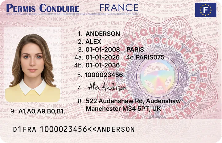 Premium PVC novelty ID card — France Driver's License design